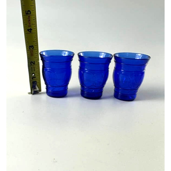 Hazel Atlas Ring O Rings Blue Shot Juice Cordial Glasses Tumblers - Picture 5 of 10